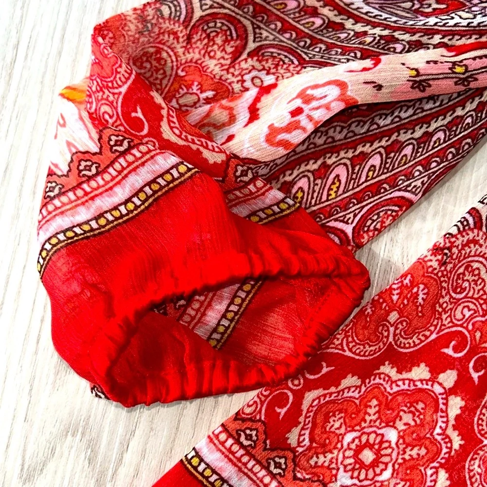 Rose & Olive Paisley Peasant Top M Red Colorful Sheer Loose Career